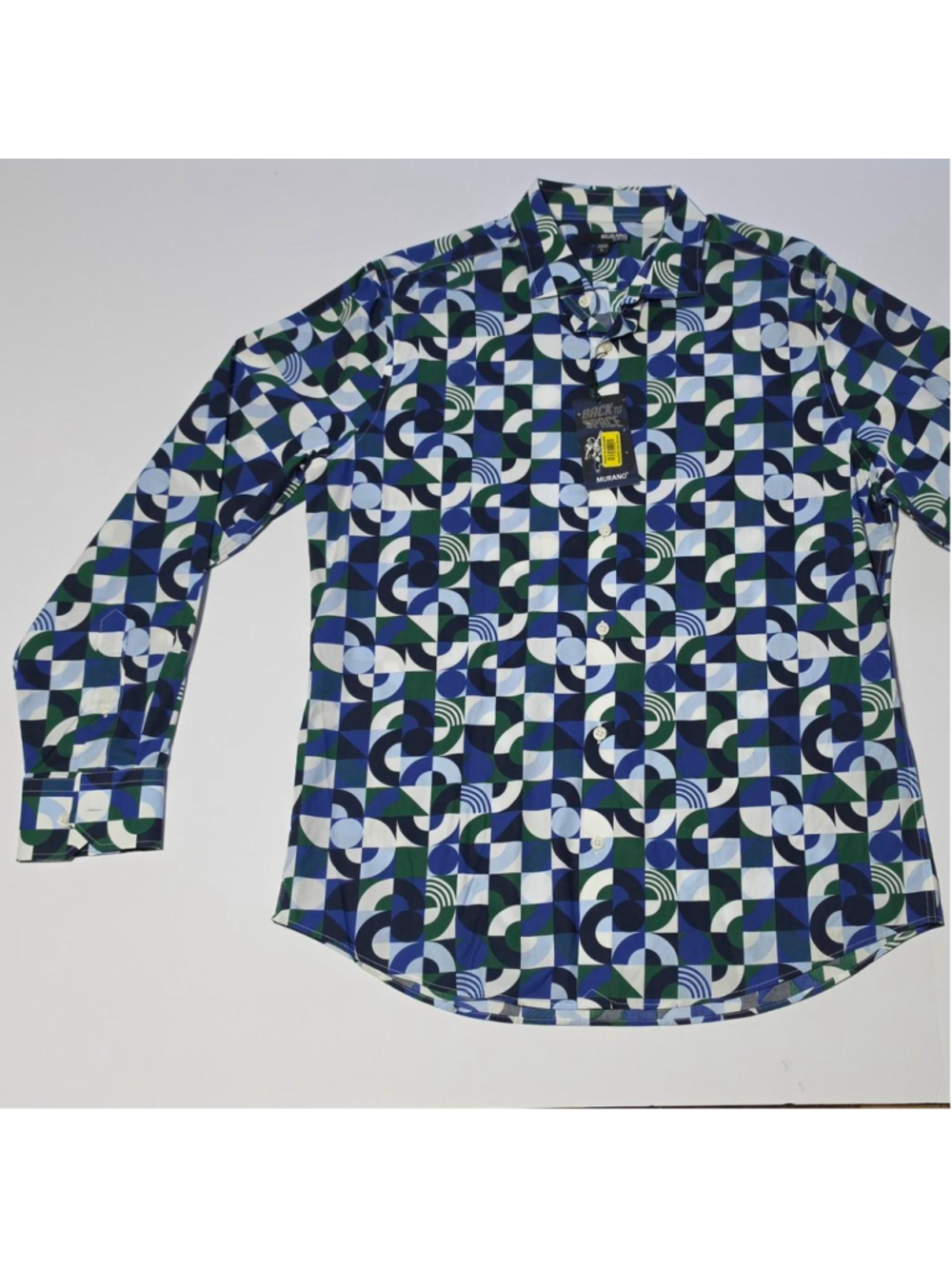 Murano Mens Long Sleeve Button Up Shirt Slim Fit Size L Blue, Green, White Geome